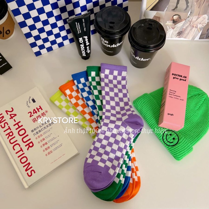 Tất cao cổ Kẻ Caro sắc màu nam nữ unisex chất đẹp TC36