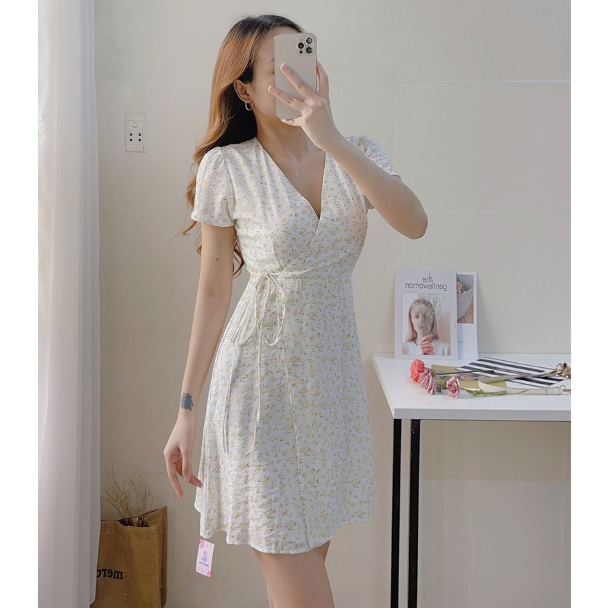 ĐẦM HOA CHỮ A CỔ V CỘT EO - ĐẦM HOA PHONG CÁCH HÀN QUỐC - ĐẦM HOA NGẮN - MÈO IN DA HOUSE