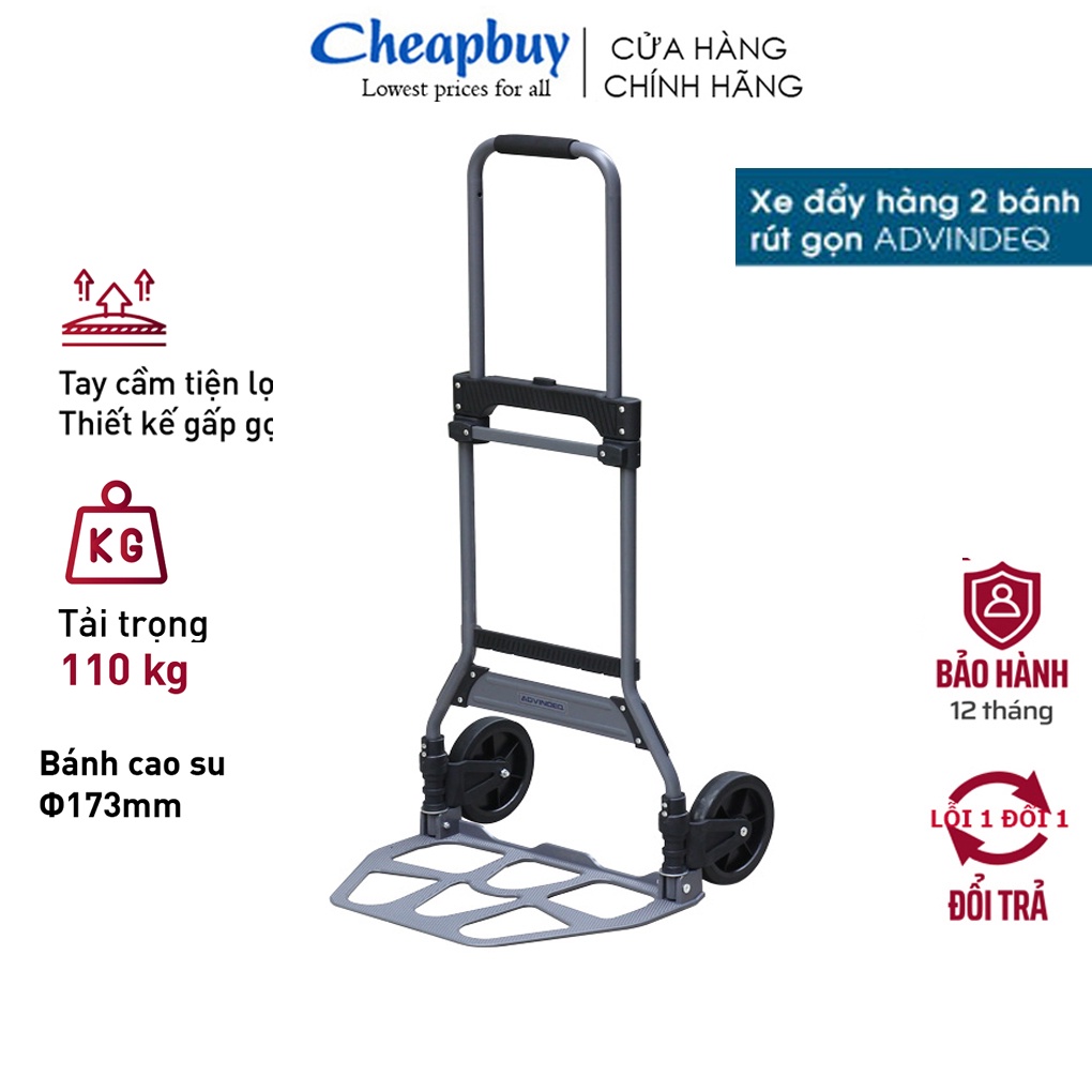 Xe kéo đẩy hàng 2 bánh rút gọn 110kg nhập khẩu ADVINDEQ TL-110C, bánh xe chống ồn - Hàng chính hãng bảo hành 1 năm