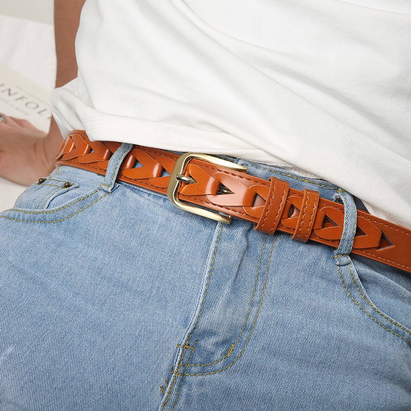 Thắt lưng nữ/ Women's hollow leather belt women's wide casual wild Korean version of the retro pin buckle ladies belt jeans with female decorative tide