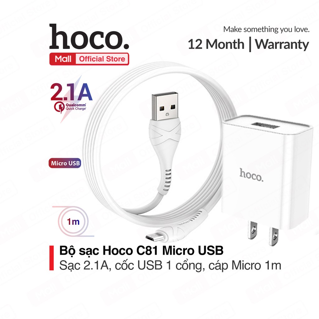 Bộ sạc điện thoại Hoco C81 Micro USB sạc nhanh 2.1A Max, chân cắm tiêu chuẩn ( củ kèm cáp Micro )