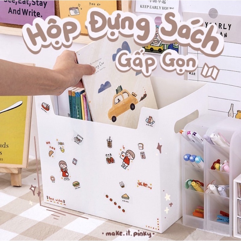 ( TẶNG KÈM STICKER ) HỘP ĐỰNG SÁCH GẤP GỌN ĐỂ BÀN HỌC / BÀN LÀM VIỆC CHẤT NHÁM DÀY DẶN CÓ TAY CẦM