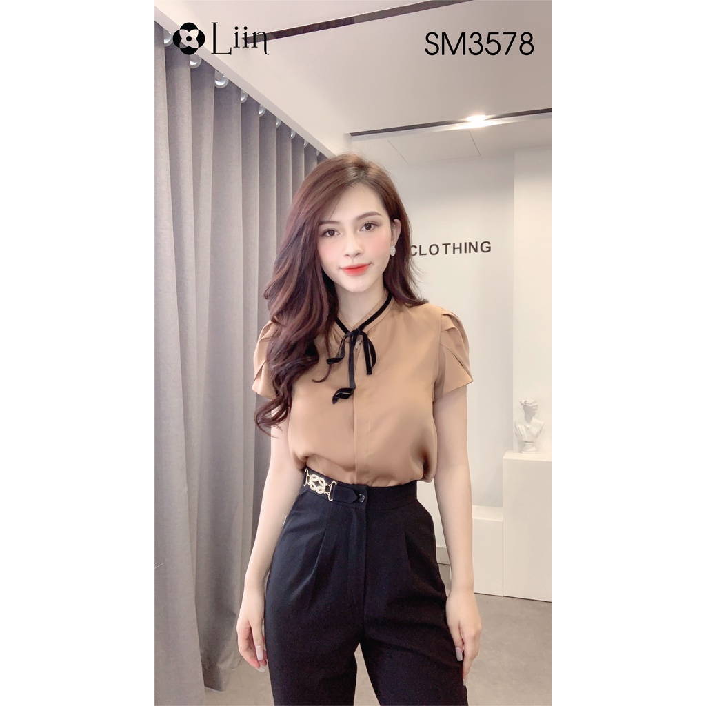 Áo sơ mi Cộc tay màu Nâu Nơ Đen kiểu dáng bánh bèo xinh xắn Liin Clothing SM3578