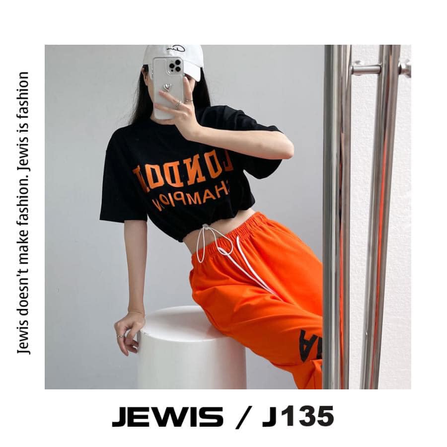 Set Cá Tính Áo croptop đen LONDON Mix Quần Jogger Cam Da Cá Cao Cấp - J135