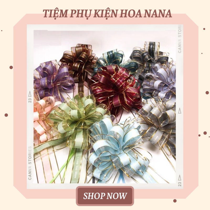 Nơ Rút Tú Cầu Voan In Chữ ❤️I LOVE U❤️ Viền Vàng, Bông To 28*50cm, Trang Trí Hộp Quà - Tiệc - Xe Hoa
