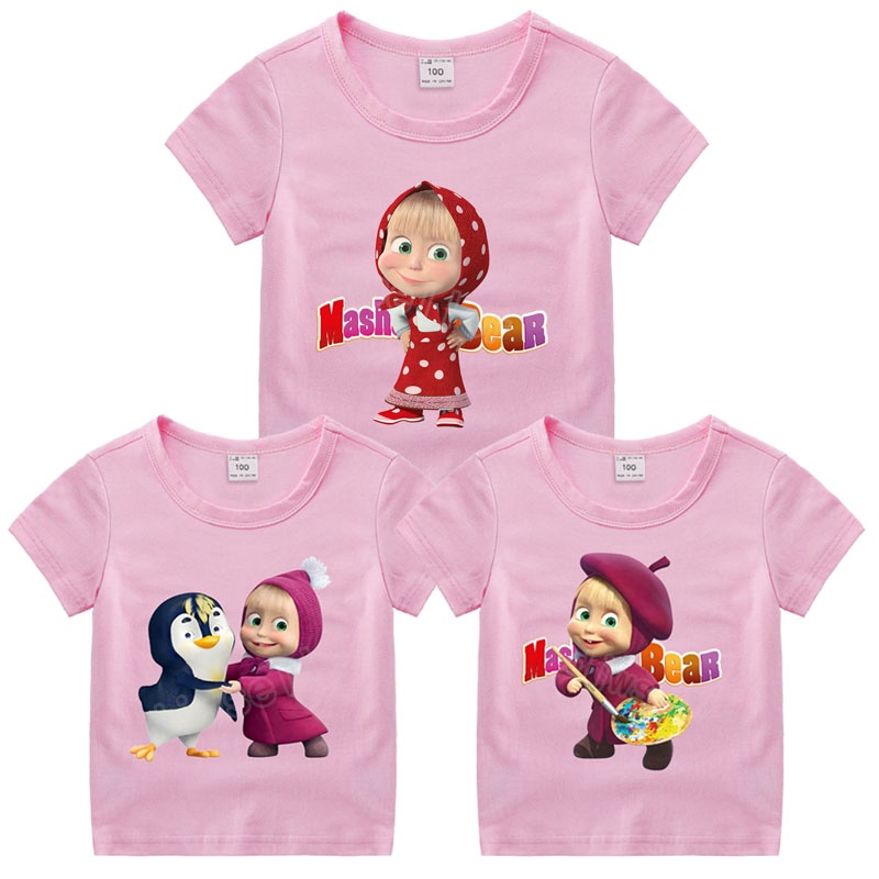 Áo Thun Tay Ngắn In Hoạt Hình Masha and The Bear Dễ Thương Thời Trang Mùa Hè Cho Bé Gái