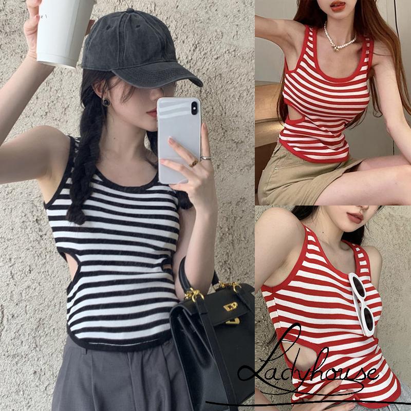 Áo Croptop Sát Nách Cổ Tròn Họa Tiết Kẻ Sọc Thời Trang Mùa Hè Cho Nữ