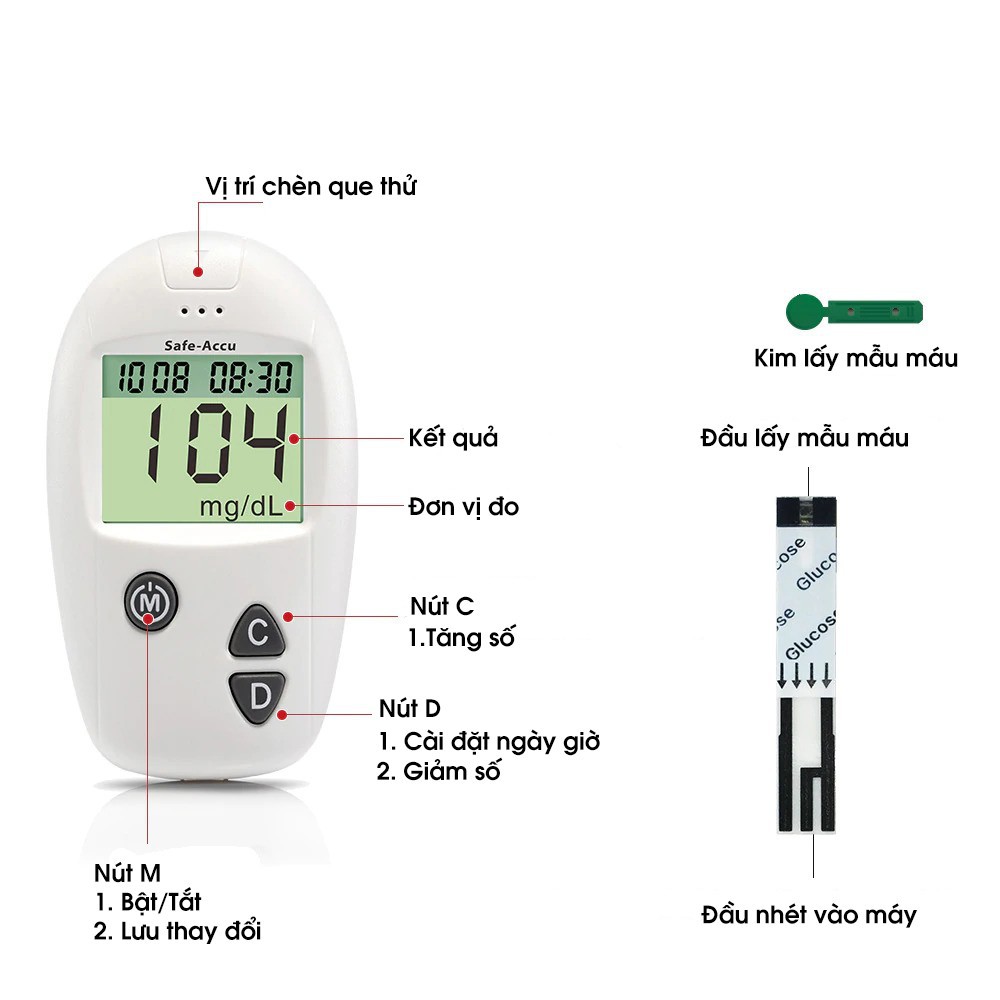 Máy đo đường huyết Safe-Accu đo tiểu đường, phát hiện tiểu đường bảo hành 1 đổi 1 trọn đời