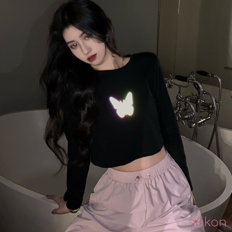 Áo Tay Dài Dáng Ôm In Hình Bướm Phản Quang Thời Trang Mùa Thu Cho Nữ