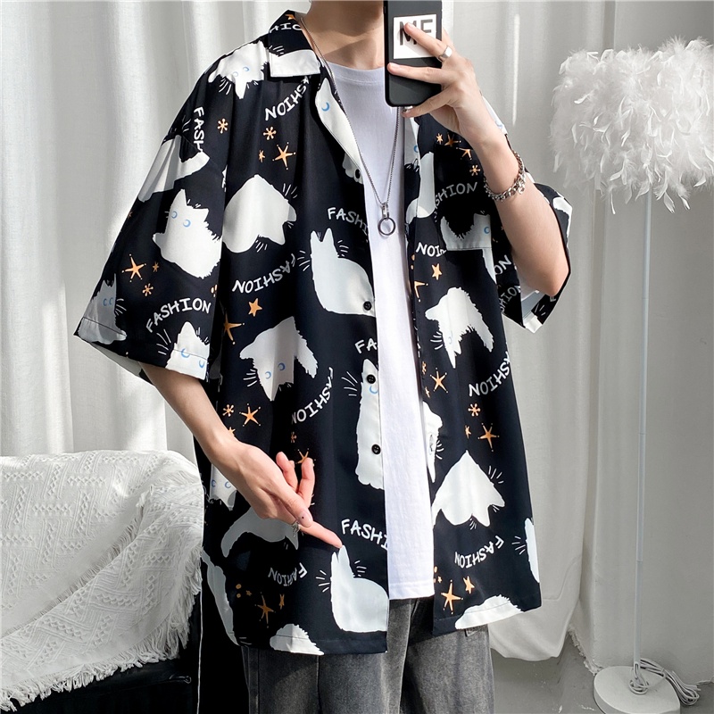 Áo Sơ Mi Nam Tay Ngắn In Hình Mèo Hàn Quốc