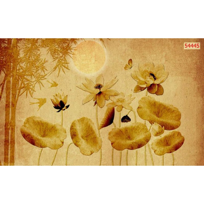tranh 3d dán tường in Vải Lụa tranh hoa sen vàng