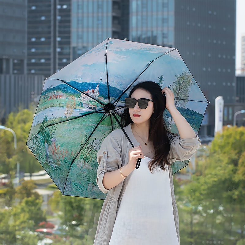 Dù Che Mưa Nắng 50% Tự Động Cực Nhẹ Màu Đen Chống Tia Cực Tím Phong Cách Retro Cho Nữ