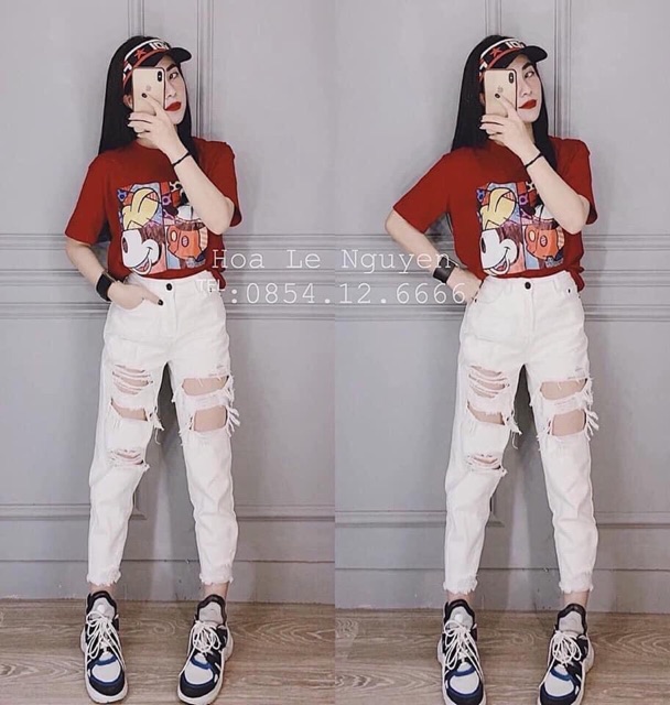 Quần jeans baggy rách nhiều. Size S M L. 2 màu trắng, đen