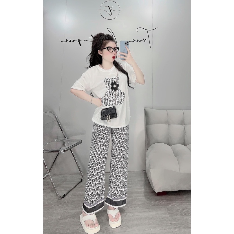 [10.10 Sale Freeship] Set bộ đồ mặc nhà, Set bộ thun tay ngắn hình gấu kèm quần dáng dài ống rộng thoải mái năng động