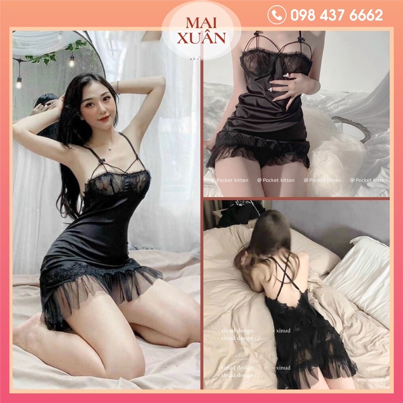 Váy ngủ sexy - Đầm ngủ 2 dây sexy ren voan mỏng -Kho Sỉ Mai Xuân
