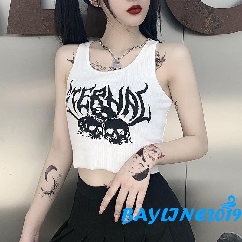 Áo Lửng Sát Nách In Họa Tiết Đầu Lâu Cá Tính Dành Cho Nữ