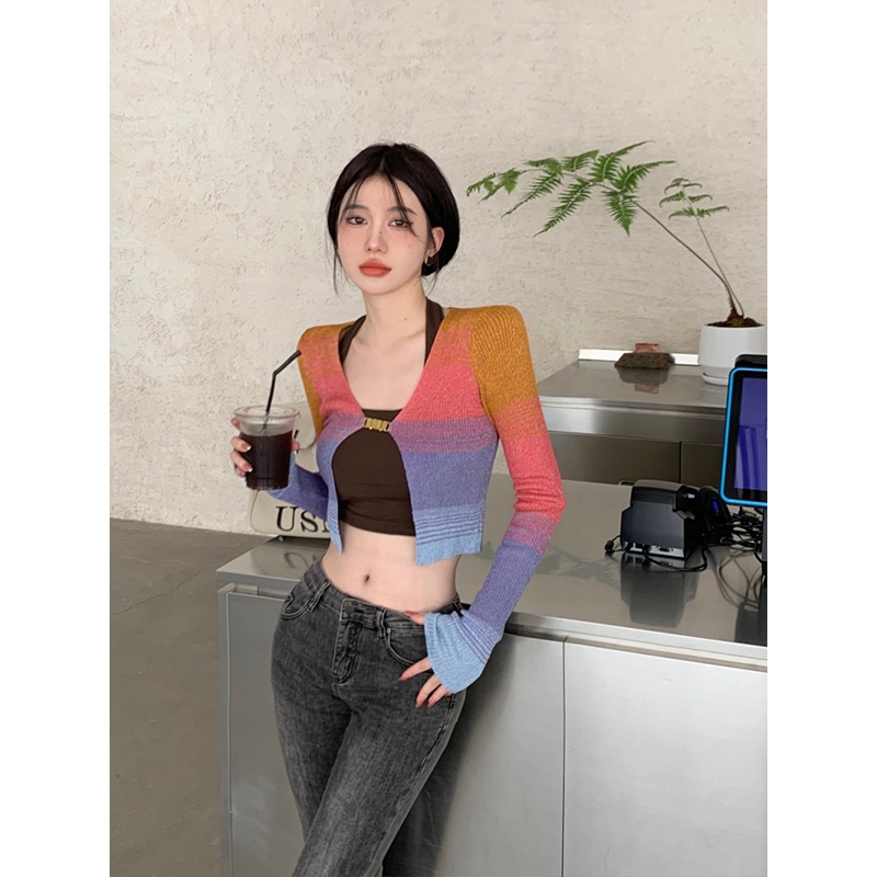 QADCOL Áo Khoác Cardigan Dệt Kim Tay Dài Dáng Ngắn Mỏng Nhẹ Họa Tiết Kẻ Sọc Thời Trang Mùa Hè Phong Cách Cổ Điển Cho Nữ