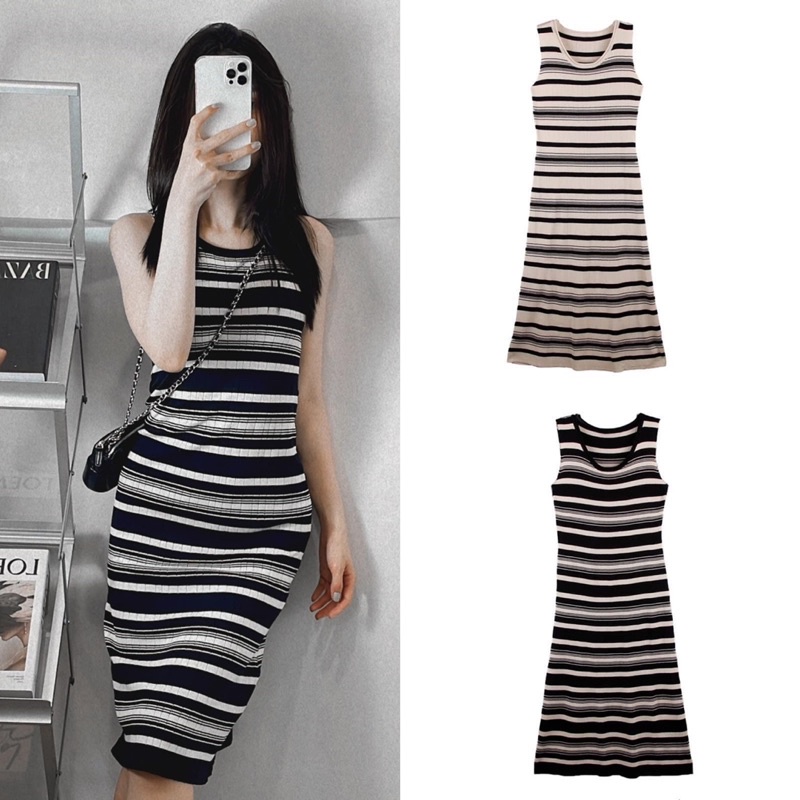 Đầm body nữ quảng châu sọc ngang basic đơn giản (hình thật)