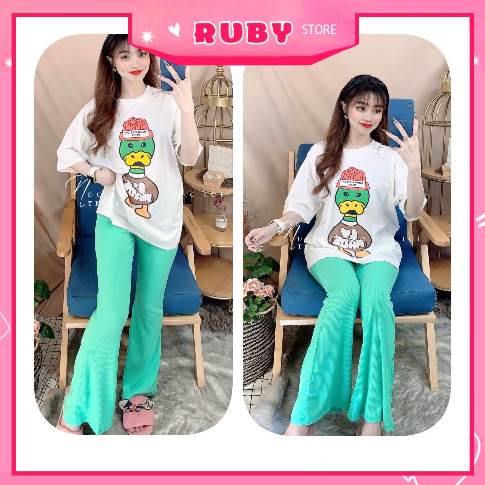 Đồ bộ thun dài ống loe trơn sọc hot chất thun mềm mát in hình vịt chuột gấu hoạt hình dễ thương TP114