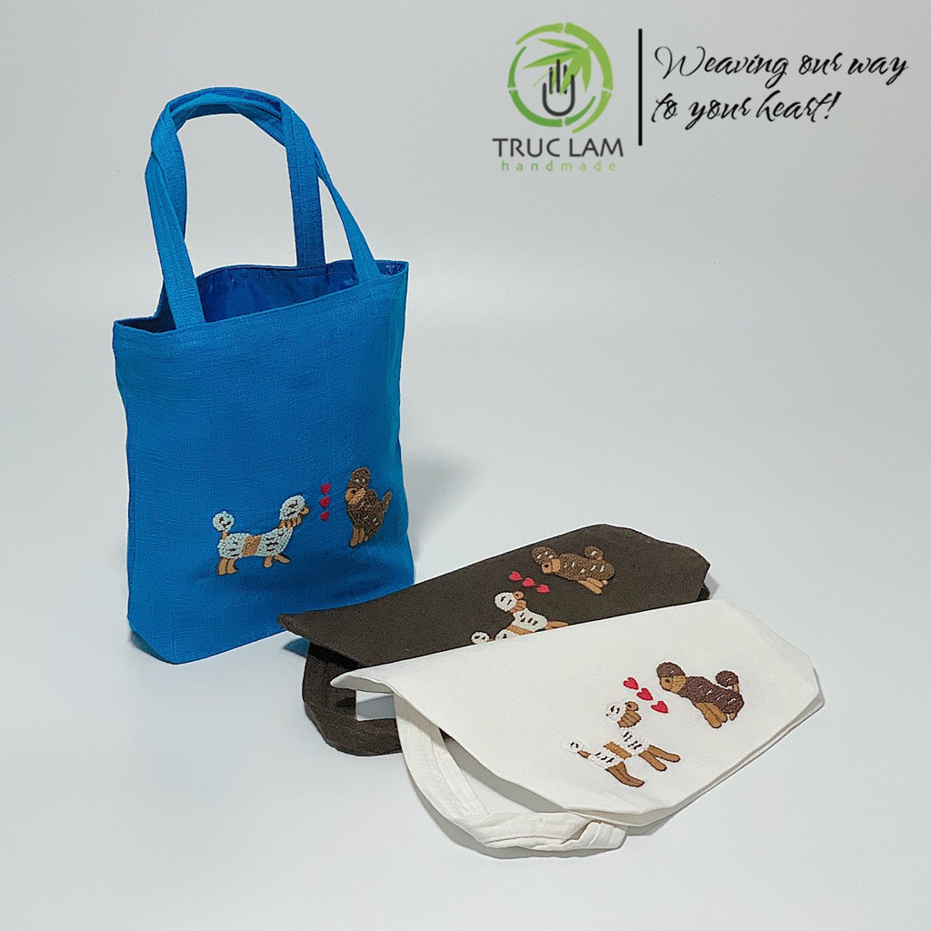 Túi Xách Vải Linen Thêu Tay Họa Tiết Hai Chú Chó (C) - Trúc Lâm Handmade