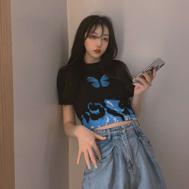 BUTTERFLY Áo Croptop Tay Ngắn Hoạ Tiết Bướm Phong Cách Vintage