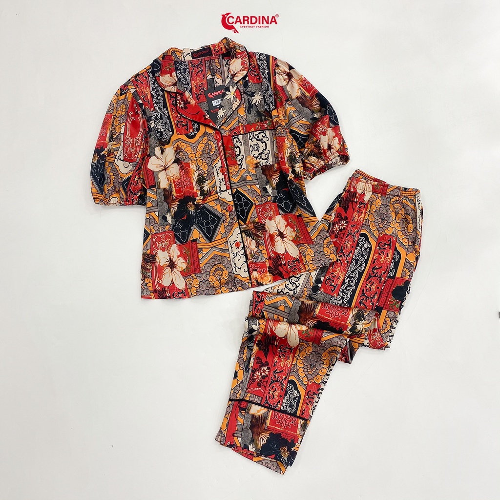 Đồ Bộ Pijama Nữ 𝐂𝐀𝐑𝐃𝐈𝐍𝐀 Chất Lụa Satin Nhật Cao Cấp Áo Tay Phồng Quần Dài Họa Tiết Trẻ Trung 2Pi03