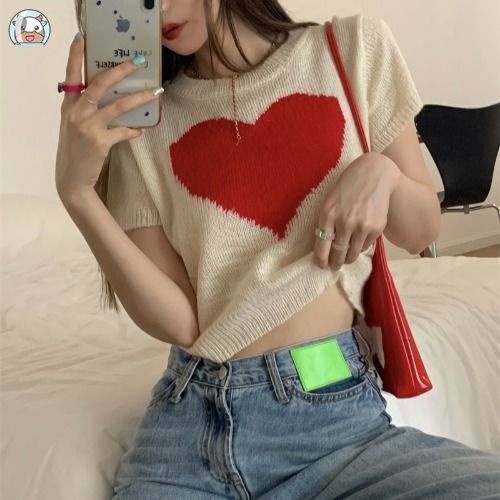 Áo Thun Dệt Kim Ngắn Tay Cổ Tròn In Hình Trái Tim Kiểu Hàn Quốc Xinh Xắn Cho Nữ