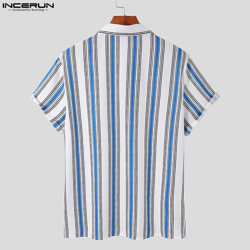 Áo sơ mi INCERUN tay dài dáng ngắn họa tiết kẻ sọc thời trang màu hè cho nam