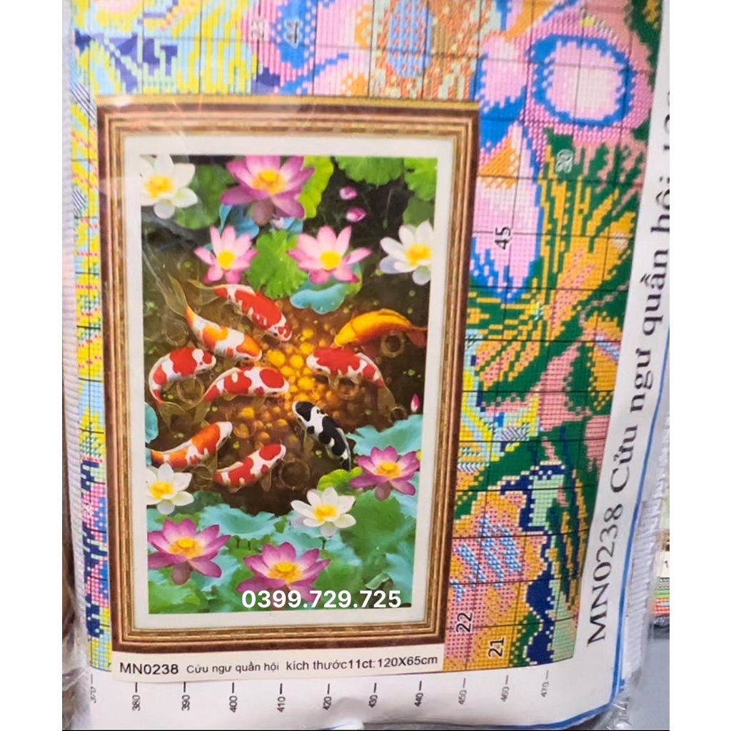 Tranh thêu kín cá hoa sen KT:120x65cm,tranh chưa thêu,tặng kéo và xỏ chỉ.