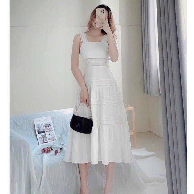 Đầm maxi xô tầng trắng
