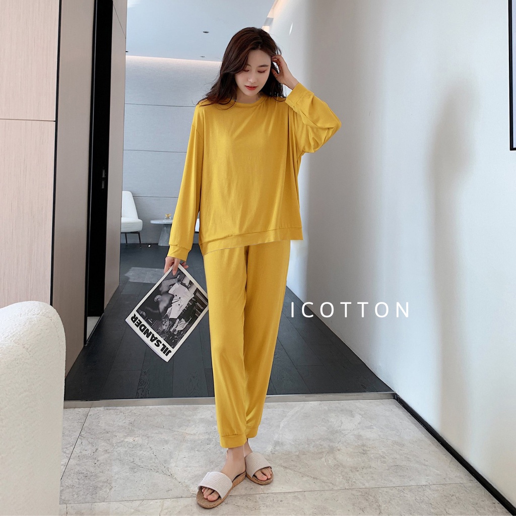 Bộ đồ nữ mặc nhà dài tay thu đông thun cotton lụa Icotton đồ bộ ngủ nữ cao cấp mềm mại thoải mái có Bigsize
