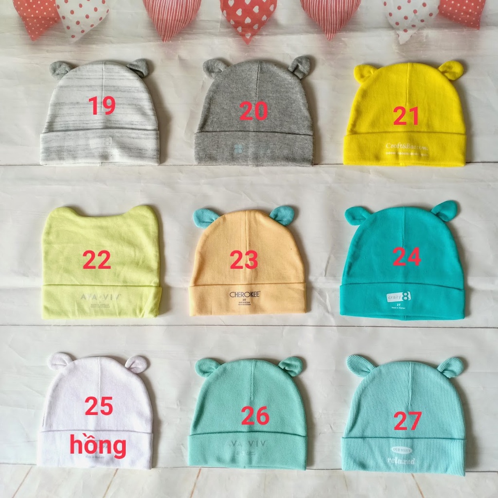 Mũ sơ sinh MÀU có TAI/ Nón sơ sinh cotton size 0-2 tháng (cho chọn mẫu)