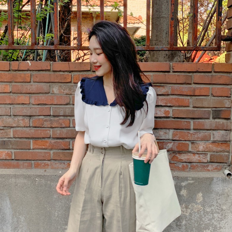 Áo kiểu tay ngắn cổ chữ V phong cách thanh lịch cho nữ 34249