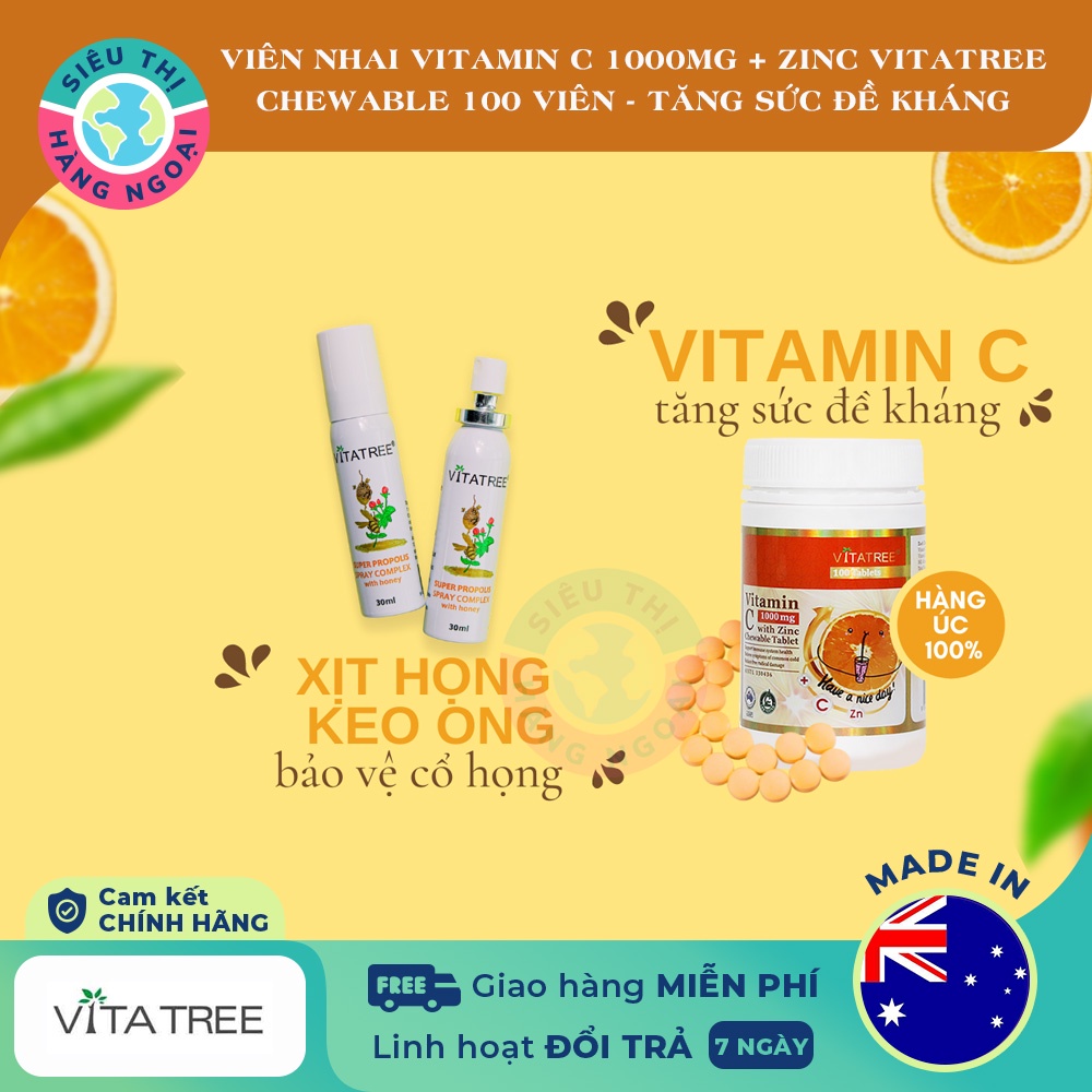 Viên nhai Vitamin C 1000mg with Zinc Chewable Tablet Vitatree Exp2024[Tăng cường hệ thống miễn dịch, sức đề kháng]