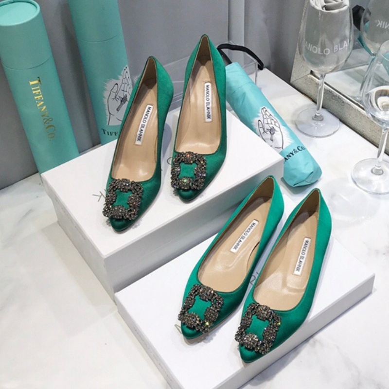 Giày Cao Gót Da Cừu Màu Xanh Lá Nhập Khẩu Ý 1.5 / 6.5 / 9.5cm Manolo Blahnik