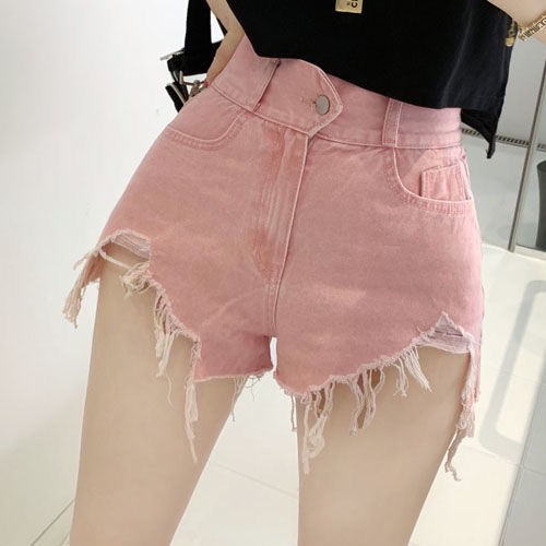 JSC Jiashucheng Quần Short Jean Siêu Ngắn Cạp Cao Tua Rua Rách Màu Hồng Cổ Điển Phong Cách Hàn Quốc Mới