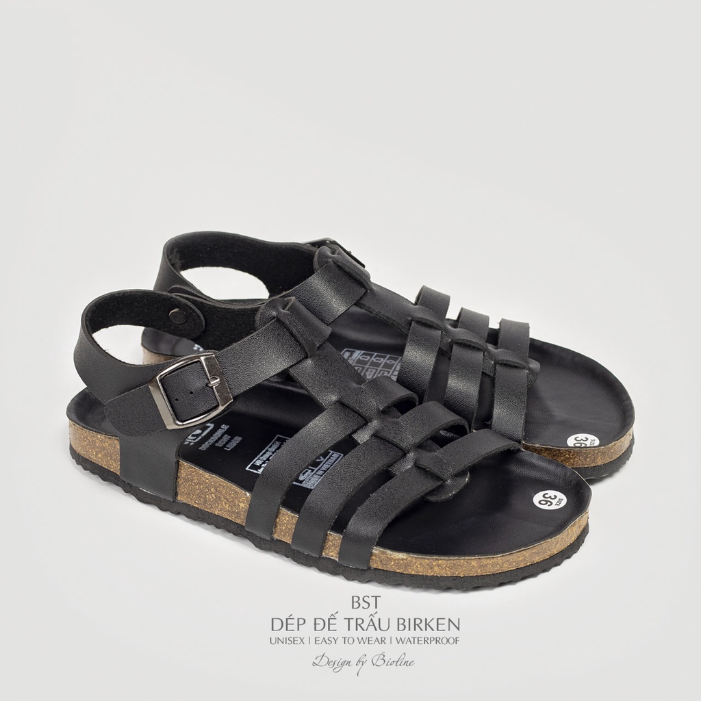 PUK12-CHỐNG NƯỚC-Giày sandal đế trấu BIRKEN da PU cao cấp, dép unisex nam nữ, xăng đan học sinh đi học BIOLINE OFFICIAL