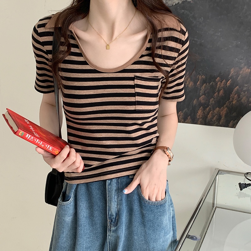 SUXI Áo Thun Cotton Ngắn Tay Cổ Chữ U Họa Tiết Kẻ Sọc Phong Cách Vintage Thời Trang Mùa Hè