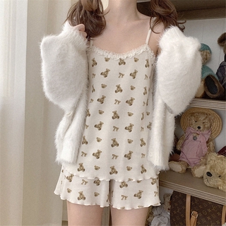 Bộ Đồ Ngủ Gồm Áo Hai Dây Và Quần Short Ống Rộng In Họa Tiết Gấu Phong Cách Retro Cho Nữ