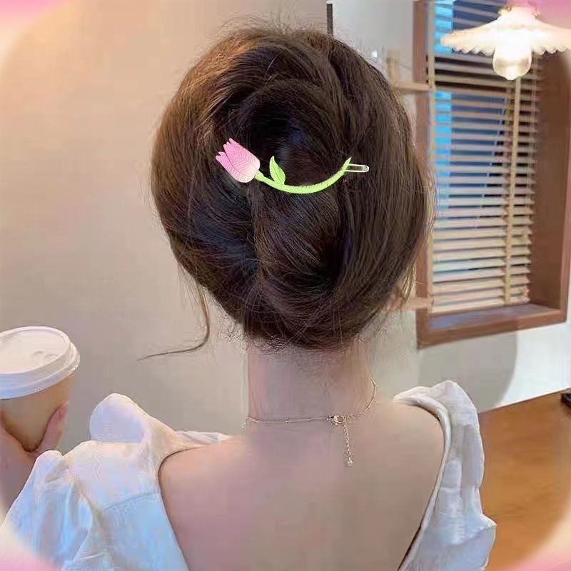 Kẹp Tóc Hình Hoa Tulip / Ếch / Hoa Tulip Màu Hồng Dễ Thương Ngọt Ngào