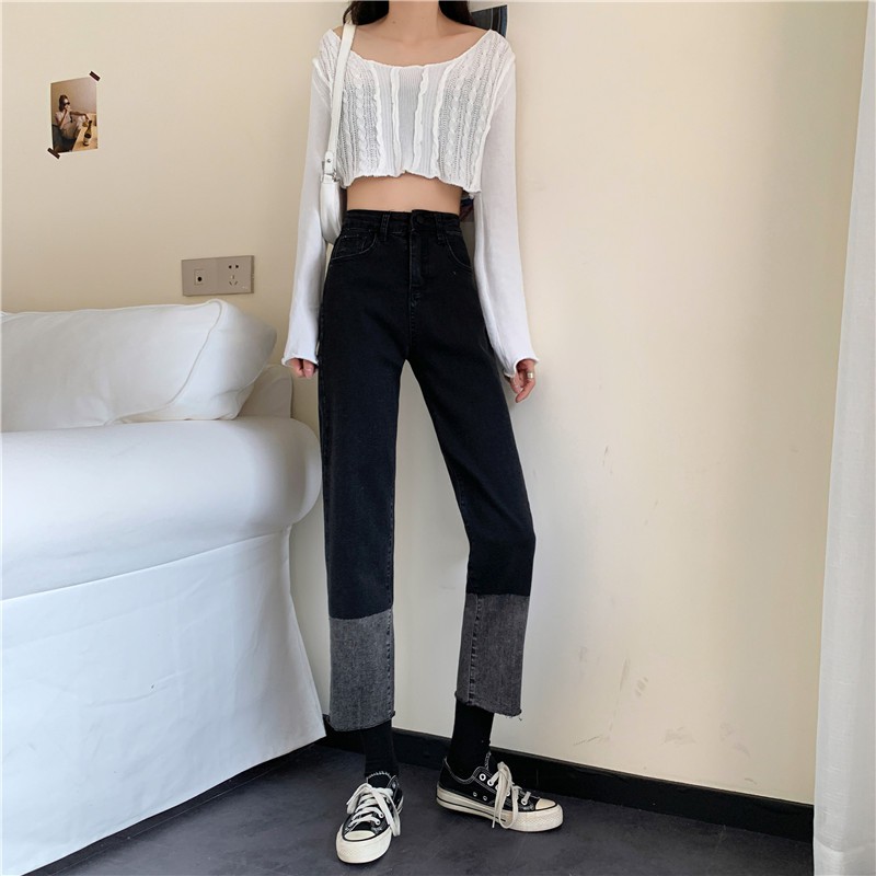 Quần jean phối hai màu dáng dài ulzzang 6676