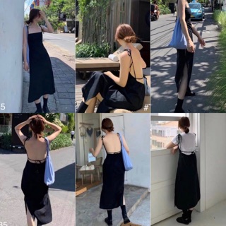 Đầm Xinh MIN DRESS hai dây màu đen hở lưng sexy quyến rũ xẻ tà đơn giản chất vải linen thun có sẵn mút ngực