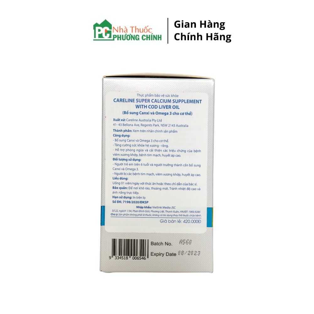 Viên Uống Bổ Sung Calci Và Omega 3 Super Calcium Supplement With Cod Liver Oil 1000mg CareLine - Chắc Khỏe Xương, Bổ Não