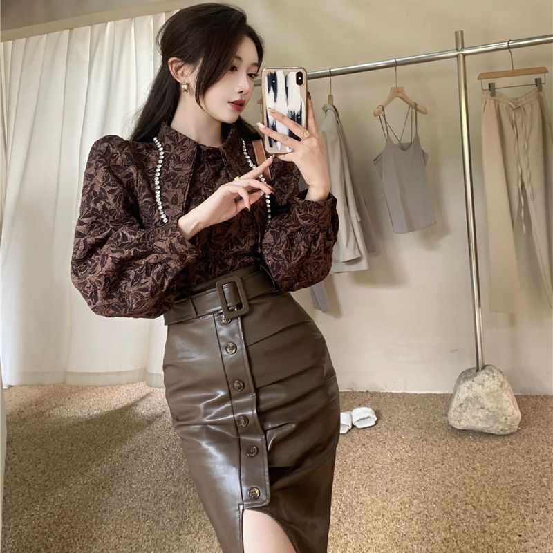 Áo Sơ Mi Dài Tay Mũi Nhọn Họa Tiết Đính Đá Phong Cách Hàn Quốc