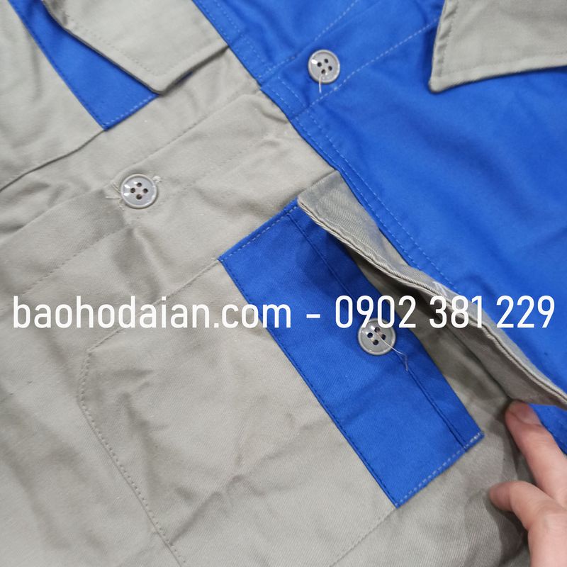 Quần áo bảo hộ lao động vải kaki 31 túi hộp ghi đất phối xanh - M13