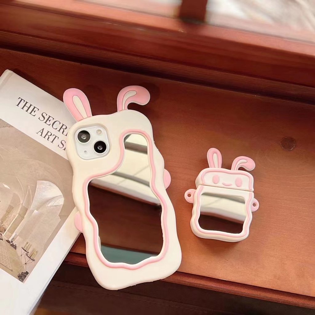 Ốp Điện Thoại Dẻo Họa Tiết Hoạt Hình Chú Thỏ Hồng Kèm Gương Chống Rơi Cho Iphone 7Plus / 8Plus Xs Max Xr 11 12 13 Pro Max