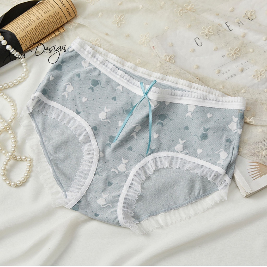 Quần lót nữ họa tiết mèo phối nơ Xuu, chất liệu cotton lạnh cao cấp QC85