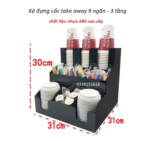 Kệ cốc trà sữa 9 ngăn 3 tầng take away - chất liệu nhựa ABS cao cấp