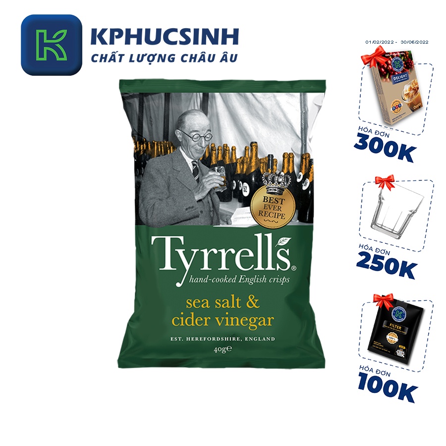 Khoai tây chiên Tyrrells sea salted cider vinegar hand cooked crips 40g KPHUCSINH - Hàng Chính Hãng