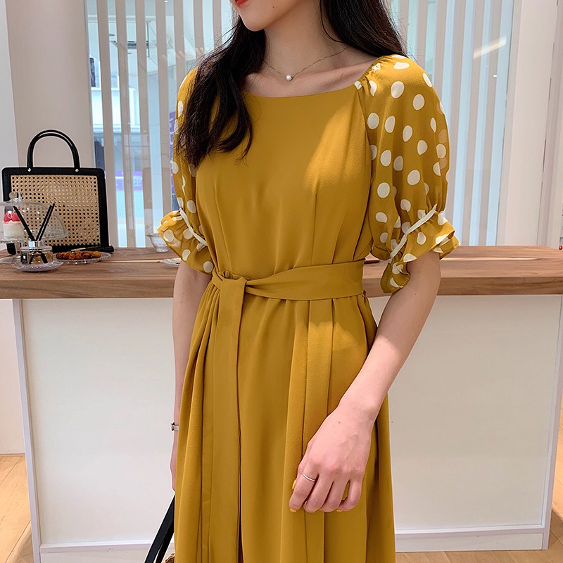 Đầm xòe tiểu thư cổ thuyền phối tay voan chấm bi Hàn Quốc, đầm trễ vai